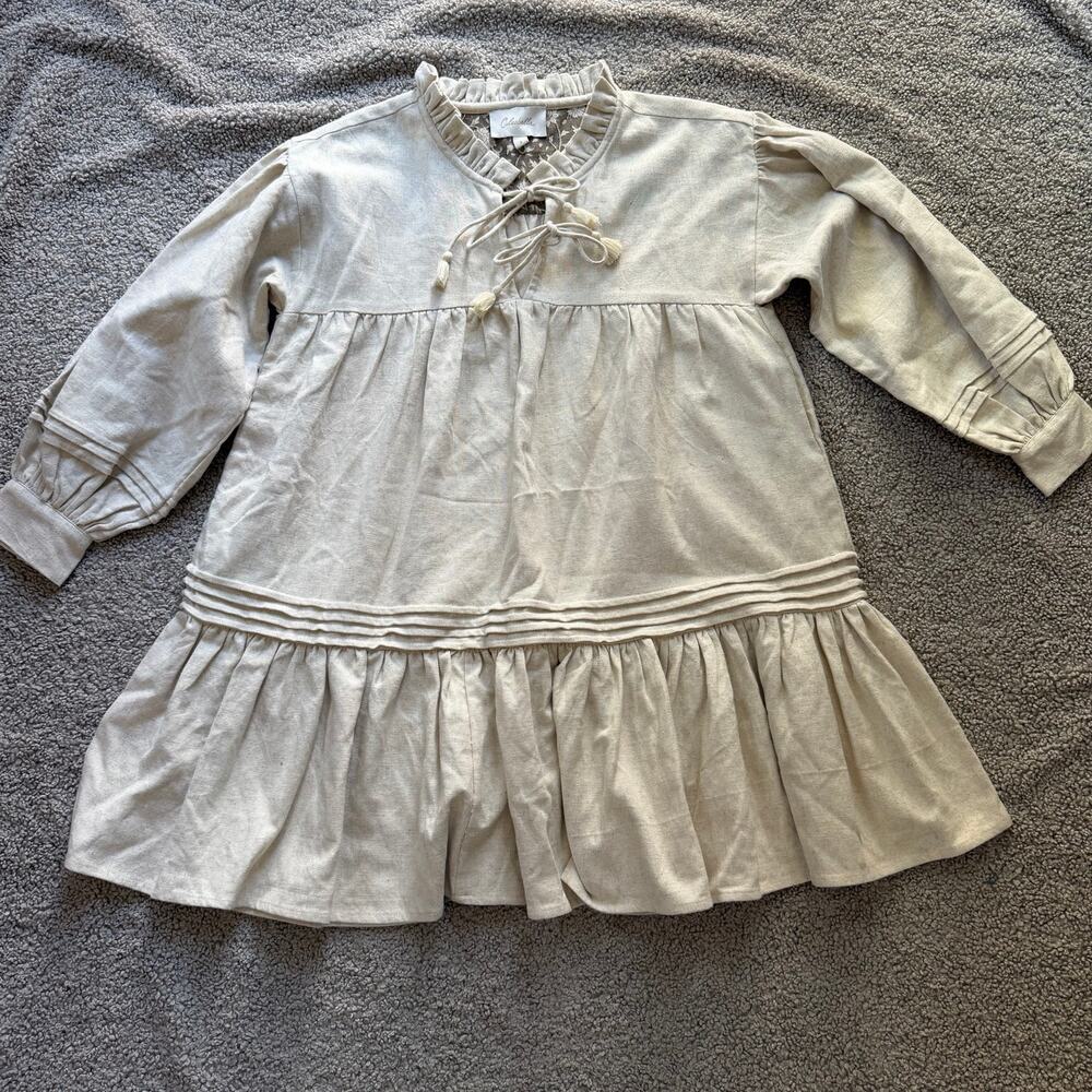 Cleobella Beige Ruffle Tie Tassel Mini Dress Long Sleeve Pockets Boho Chic Sz S
